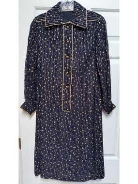 Vintage Malcolm Starr Rizkallah Navy Dress With Gold Metallic Thread Embroidery